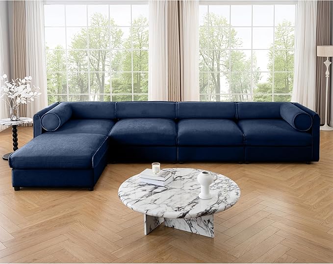KEIKI 143" L-Shaped Modular Chenille Sectional Sofa with Storage Seat, 1 Ottoman, Modern 4-Seater Couch with Cylindrical Backrest and Armrests, Easy Assembly, for Apartment, Living Room, Blue