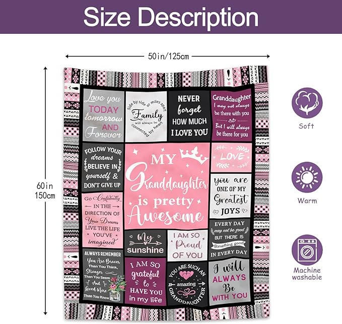 Ruvinzo Granddaughter Gifts from Grandma, Gift for Granddaughters, Granddaughter Present, Grand-Daughter Birthday Gifts Ideas, Grand-Daughter Blanket 60” x 50”