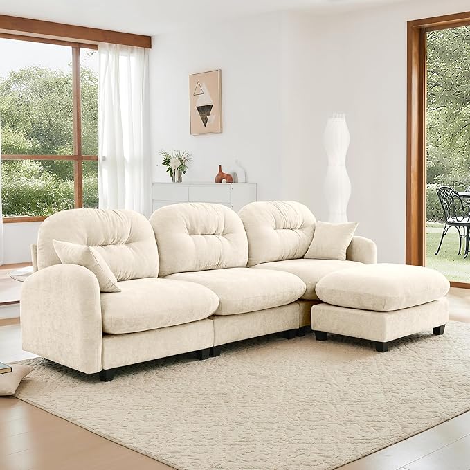 KEIKI 107" L-Shaped Oversized Chenille Modular Sectional Sofa with 1 Ottoman, High-Density Foam Cushions, Tufted Pleated Cushion Backrest, Modern 3-Seater Couch with 2 Pillow, for Living Room, Beige