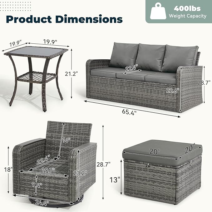 6 Pieces Wicker Patio Furniture Sets, Outdoor Conversation Set PE Rattan Sectional Sofa Couch with Swivel Chairs Ideal for Indoor Porch Deck Bistro Lawn Garden Backyard Poolside-Grey
