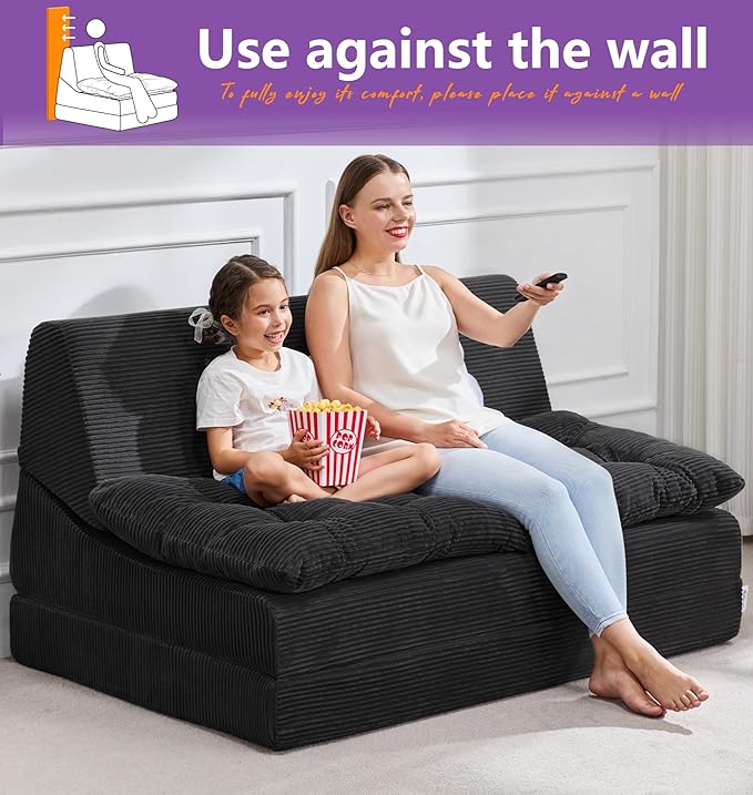 Hobestluk Sofa Couch Folding Sofa Bed Sleeper Comfy Floor Lounger Loveseat Sofa with Removable Cushion Couches Foldable Mattress for Living Room Bedroom or Office (Cordury Black, Oversize)