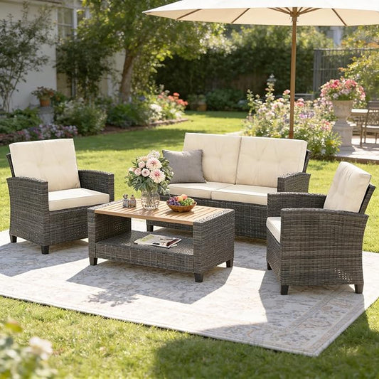 Wisteria Lane 4 Piece Patio Furniture Set, Wicker Outdoor Patio Conversation Furniture Set, All Weather Outdoor Patio Sofa with Cushion and Wood Table, Beige Wood