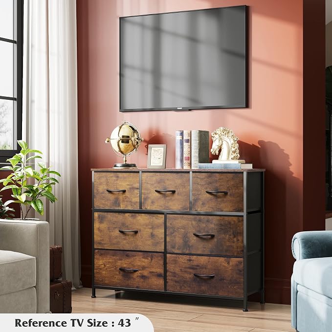 WLIVE 7 Drawer Dresser TV Stand, Entertainment Center, Media Console Table with Metal Frame and Wood Top for TV up to 45 inch, Chest of Drawers for Bedroom, Living Room, Rustic Brown Wood Grain Print - Image 2