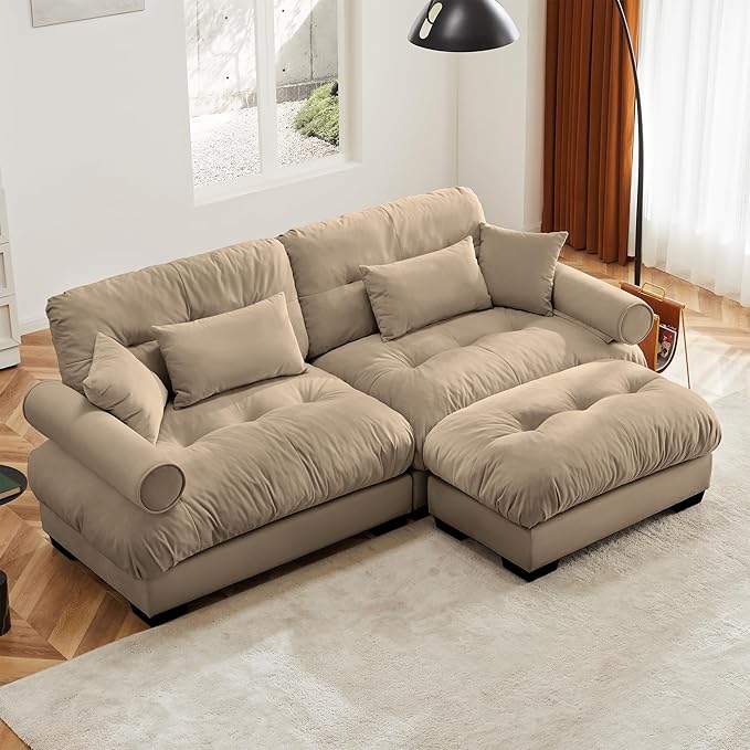 KEIKI 94" L-Shaped Oversized Velvet Modular Sectional Loveseat Sofa with 1 Ottoman, High-Density Foam Cushion, Bolstered Armrest, Upholstered 2-Seater Cloud Couch with 4 Pillow, for Living Room, Camel