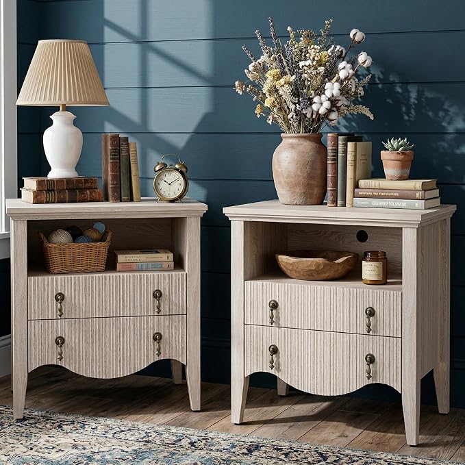 FUSUNBAO Nightstand with Charging Station, Vintage Bedside Table with 2 Fluted Drawers and Open Shelf, Rustic End Table with Power Outlet and USB Ports for Bedroom, White Oak - Image 7