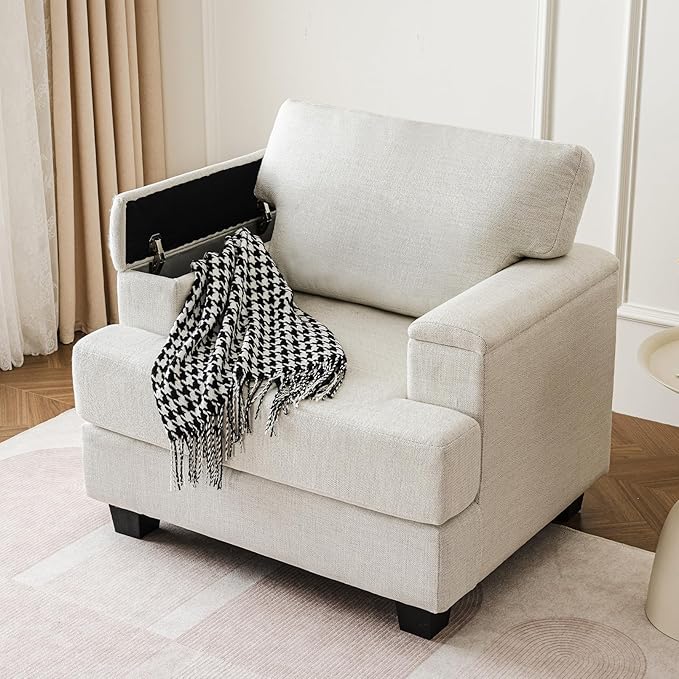 Oversized Living Room Chairs Set of 2,Comfy Accent Chair with Armrest Organizer,Upholstered Linen Fabric Armchair Thick Cushion,Big Reading Chair,Sofa Chair for Bedroom