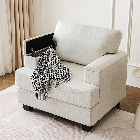 Oversized Accent Chair with Armrest Organizer,Comfy Living Room Chairs with Thick Cushion,Upholstered Linen Fabric Armchair,Big Reading Chair,Sofa Chair for Bedroom