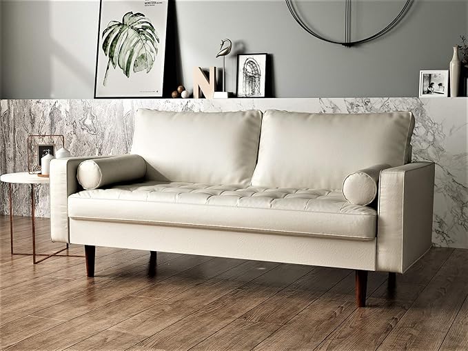 Womble Mid Century Modern Couch with Bolster Pillows, PU Leather Upholstered Tufted Seat, Versatile Retro Design for Comfortable Living Spaces, Loveseat, Sleek White