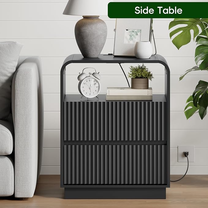 Wodeer Black Nightstand with Charging Station, Mid Century Modern Bedside Table & End Table, Fluted Wood Small Night Stand with 2 Hidden Drawers and Storage Shelf for Bedroom - Image 5
