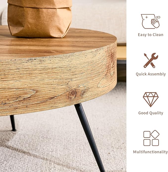 Round Coffee Table, Small Wood Coffee Table with Storage, Modern Mid Century Circle Tables Accent Center Tables for Living Room Apartment Small Space (31.5''D-Brown)