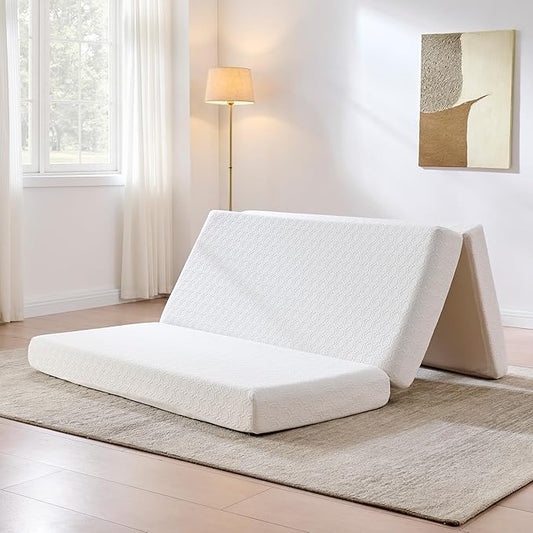 AMERLIFE 6-Inch Queen Tri-Fold Memory Foam Mattress, Foldable Guest Bed with Washable Cover, Space-Saving Mattress for Murphy Bed, Home Use, White