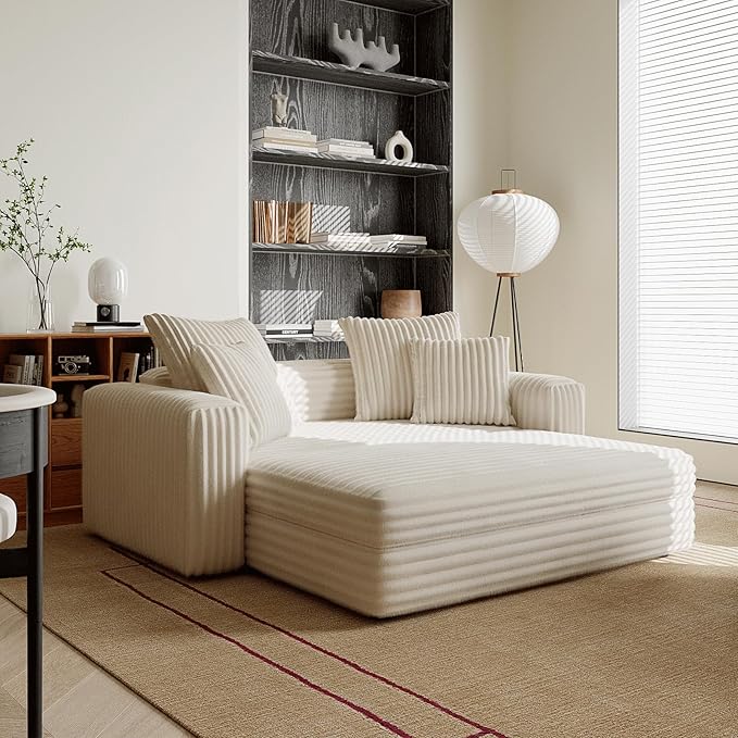 Acanva Oversized Cozy Chaise Lounge Chair Indoor with Removable Ottoman, Modern Upholstered Fluffy Sleeper Sofa Bed, Comfy Reclining Couch for Living Room, Bedroom, White