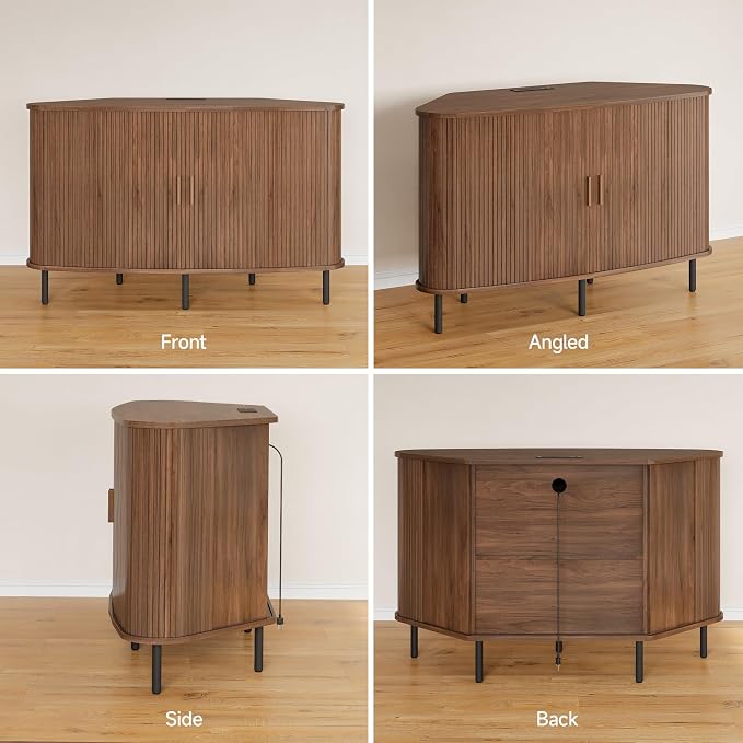ONBRILL 47" Corner TV Stand, Fluted TV Cabinet with Sliding Doors Fits up to 55 Inch TVs, Modern Corner Entertainment Center with Power Outlet, Wood Media Console Table with Storage,Walnut - Image 8