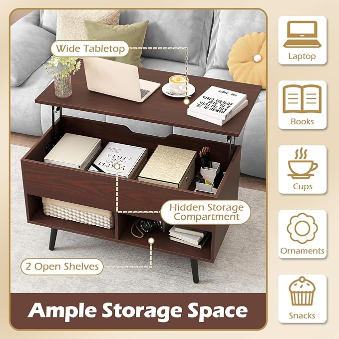 Giantex Lift Top Coffee Table, Modern Cocktail Table w/Hidden Compartment & 2 Open Shelves, Flip Top Center Table, Wooden Pull up Coffee Table for Living Room, Reception Room, Office (Walnut)