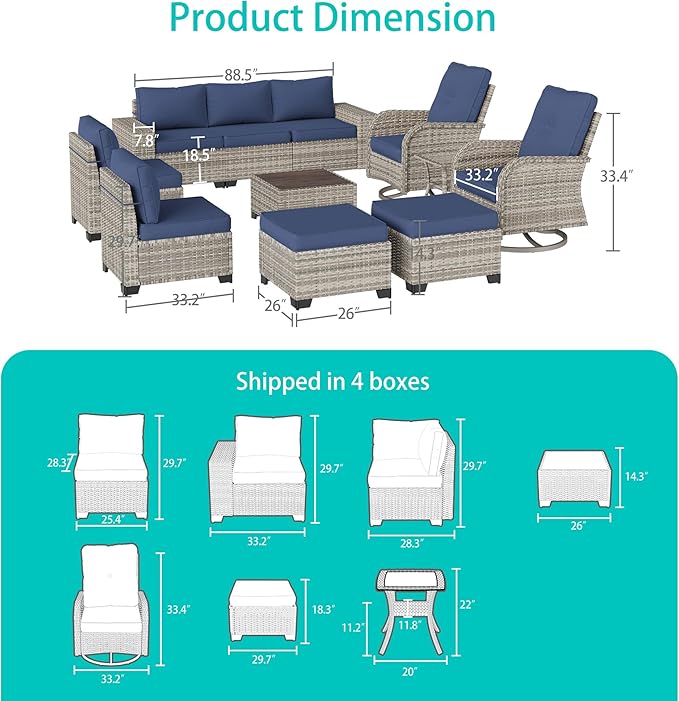 11-Piece Outdoor Patio Furniture Set with Rocking Swivel Chair Wicker Sectional Sofa Set, Patio Conversation Set with Ottomans & Coffee Table for Garden, Backyard, Poolside, Navy Blue
