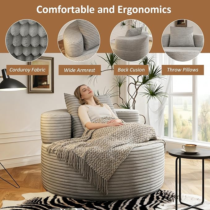 37.4" Boneless Round Chair, Oversized Chaise Lounge Cloud Chair Indoor, Upholstered Corduroy Deep Seat Sofa Accent Chair, No Assembly Required, for Living Room Bedroom Apartment