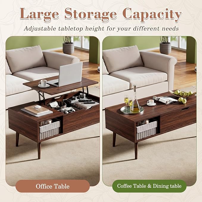 OLIXIS Wood Lift Top Coffee Table with Hidden Compartment and Large Storage Shelf, Lift Tabletop Dining Center Table for Home Living Room Office, Dark Brown