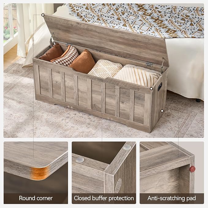VANKILEY 47.2" Storage Chest Extra Large,Storage Trunk with 2 Safety Hinges,Wooden Storage Bench,Shoe Bench,47.2x15.7x19.1 Inch,Easy Assembly,Storage Bench for Bedroom,Living Room,entryway(Greige). - Image 6
