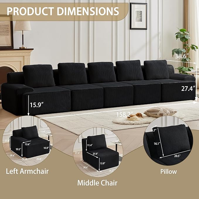 Modular Sectional Sofa with Movable Ottoman, 5 Seat Deep Seat Couch with 5 Pillows, Comfy Cloud Sectional Sofa for Living Room, Bedroom and Apartment (Black, 1 Left+1 Right+3 Middle)