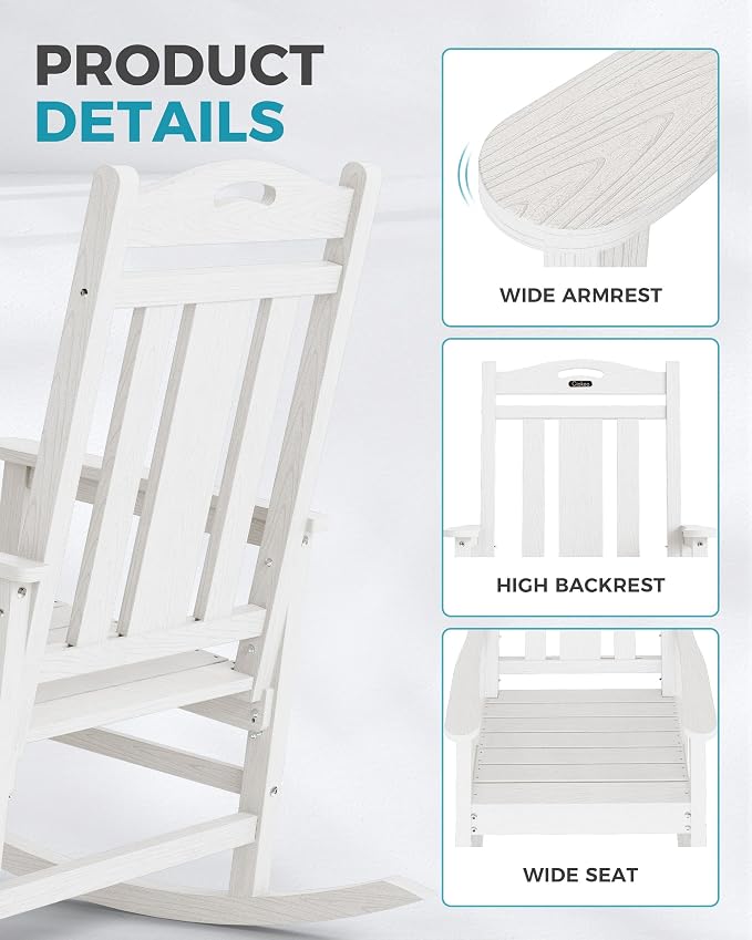 Ciokea Oversized Outdoor Rocking Chairs Set of 6, 380lbs Heavy-Duty Large Patio Rocker, High Back Cozy Porch Chairs, Weather Resistant Patio Rocking Chairs for Outside, Fire Pit, Deck, White - Image 6