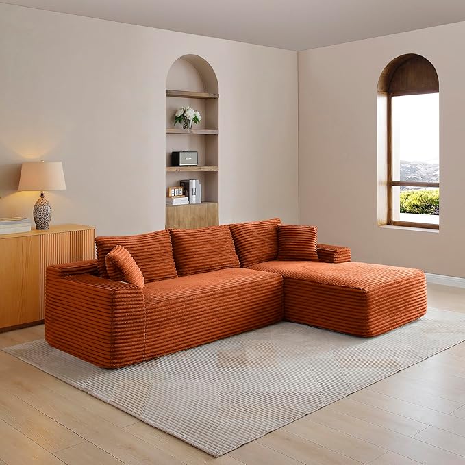 105-Inch L-Shaped Right Facing Corner Compressed Sofa Modular Sectional Boneless Cloud Sofa Floor Foam Couch with Chaise Lounge, Corduroy Corner Boneless Cloud Couch