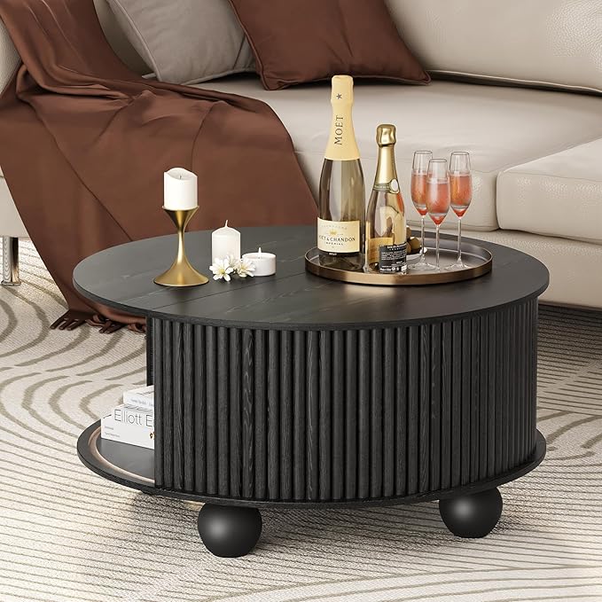 Round Coffee Table with Storage, 31.5" Mid Century Modern Coffee Table with Sliding Door & Bun Feet, Minimalist Fluted Center Table for Living Room, Home Small Space, Black