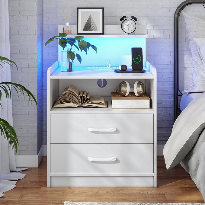 Nightstand Set of 2 with Charging Station and LED Lights, Bedside Table with 2 Drawers and Open Storage Shelf, 2 USB Ports and 2 AC Outlets, LED Night Stands for Bedroom Set of 2, White - Image 2