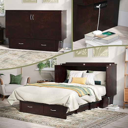 AFI, Chelsea Mid-Century Modern Queen Solid Wood Murphy Bed Chest with 6" Mattress, Storage Drawer & Built-in USB Charger, Espresso