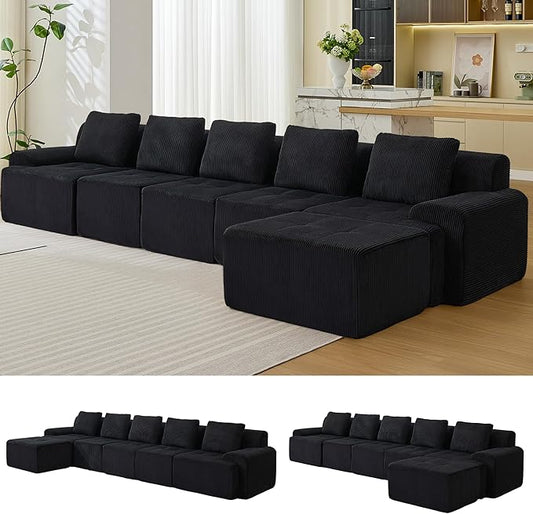 Modular Sectional Sofa, 6 Seat Modular Couch, Modular Sofa with Deep Seat and Detachable Pillow (Black, 6 Pieces-L Shape)