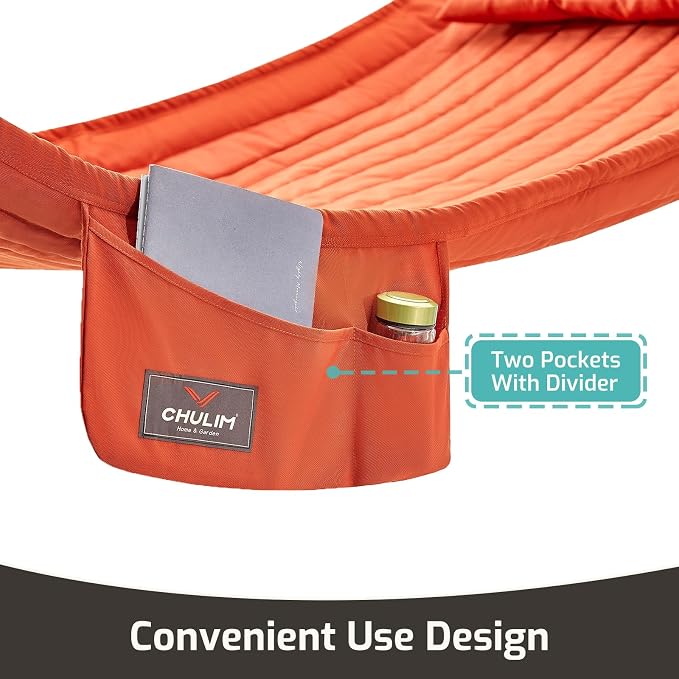 CHULIM Double Quilted Fabric Hammock with Hardwood Spreader Bars and Pillow 450 LBS Capacity 2 Person Large Hammock for Outdoor Patio Backyard Poolside - Terracotta - Image 3
