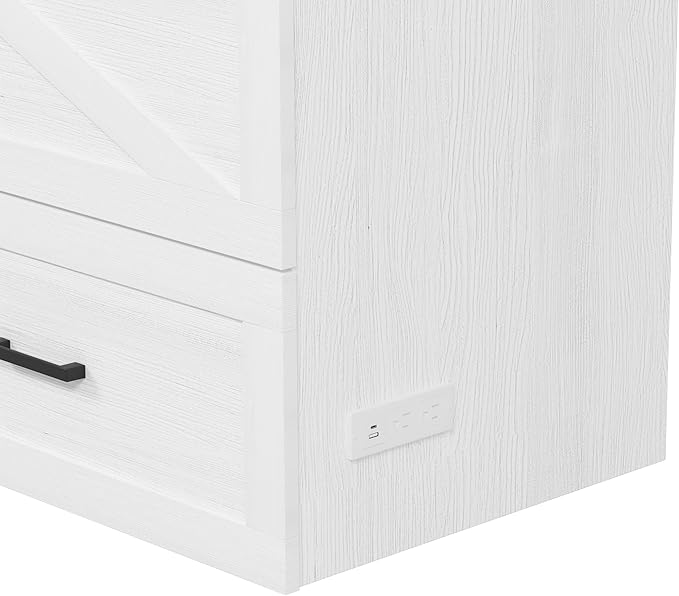 Bellemave Queen Size Murphy Bed, Cabinet Bed with Charging Station and Storage, Farmhouse Murphy Cabinet with Foldable Panel, Noisy Free, for Guest Bedroom, Living Room, Office, White