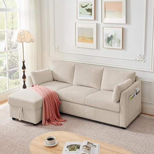 79" L Shaped Couch with Storage Ottoman, 3 Seater Corduroy Sofa with 2 Pillows and Storage Pockets, Small Modern Couches for Living Room, Apartment, Small Spaces, Home Office, Cream White