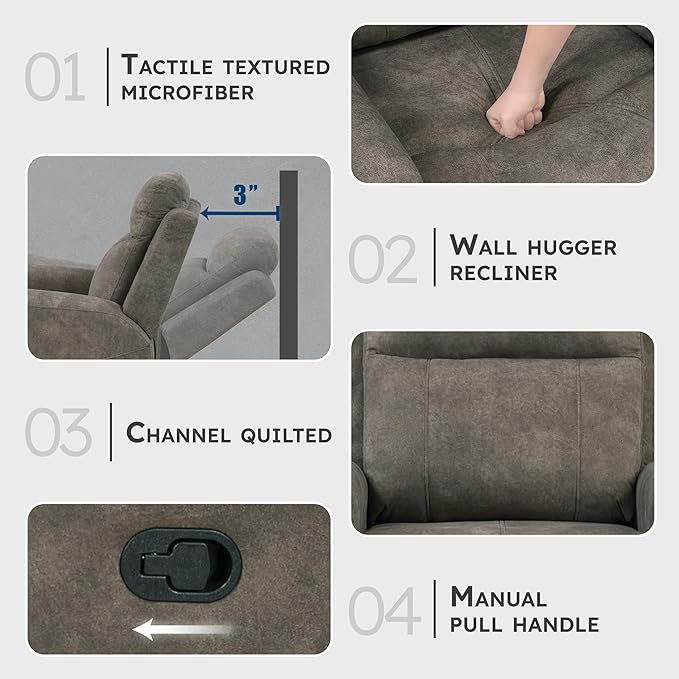 Lexicon Manual Double Reclining Sofa, Textured Microfiber Upholstered 3 Seater Manual Sofa Recliner for Living Room, Wall Hugger, Track Arm, Easy Assembly, Brown