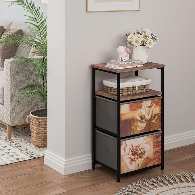 nightstand Set of 2 with Charging Station, LED BedsideTable w/USB Ports & Outlets,End Table w/2 Fabric Drawers and Open Shelf, Black Steel Frame for Living Room, Bedroom, Rustic Style - Image 8