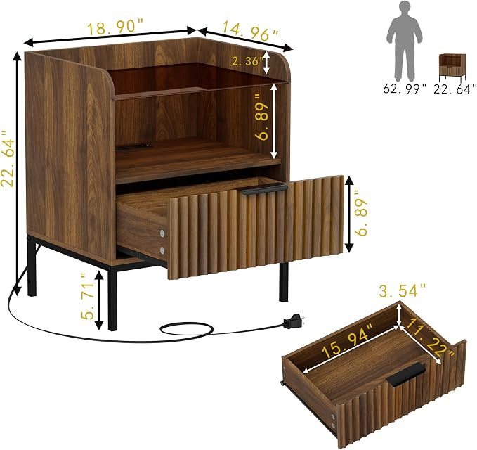 HQZX Nightstand Set of 2 with Charging Station, Mid Century Modern Night Stand, Fluted Bedside Table with Glass Top & Metal Legs, Wood End Table for Bedroom, Living Room (Walnut) - Image 3