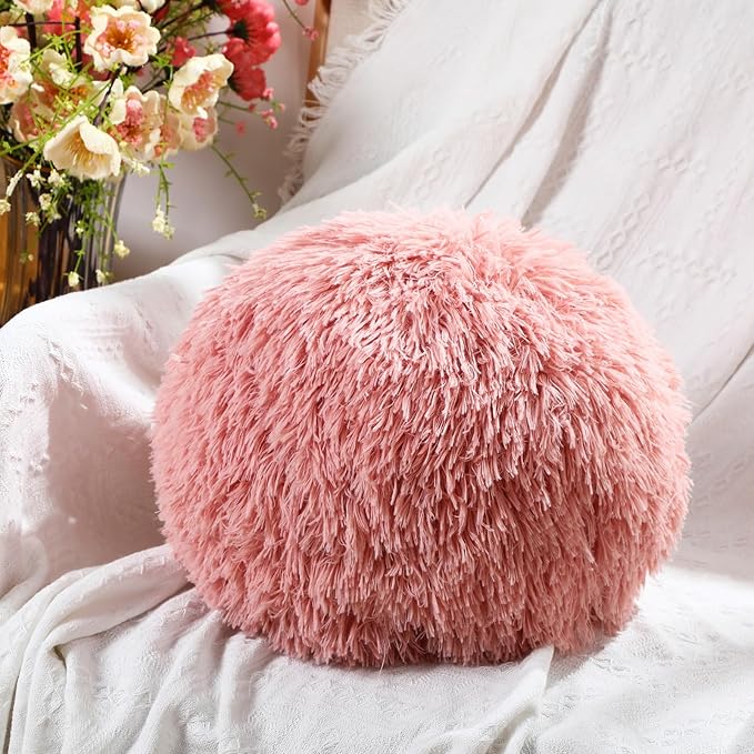 2 Pack Plush Round Ball Throw Pillow 10 Inch Nordic Soft Boucle Pillows Spherical Fuzzy Pillows Circle for Couch Sofa Bed Bedroom Living Room Office School Chair Decorations(Pink)