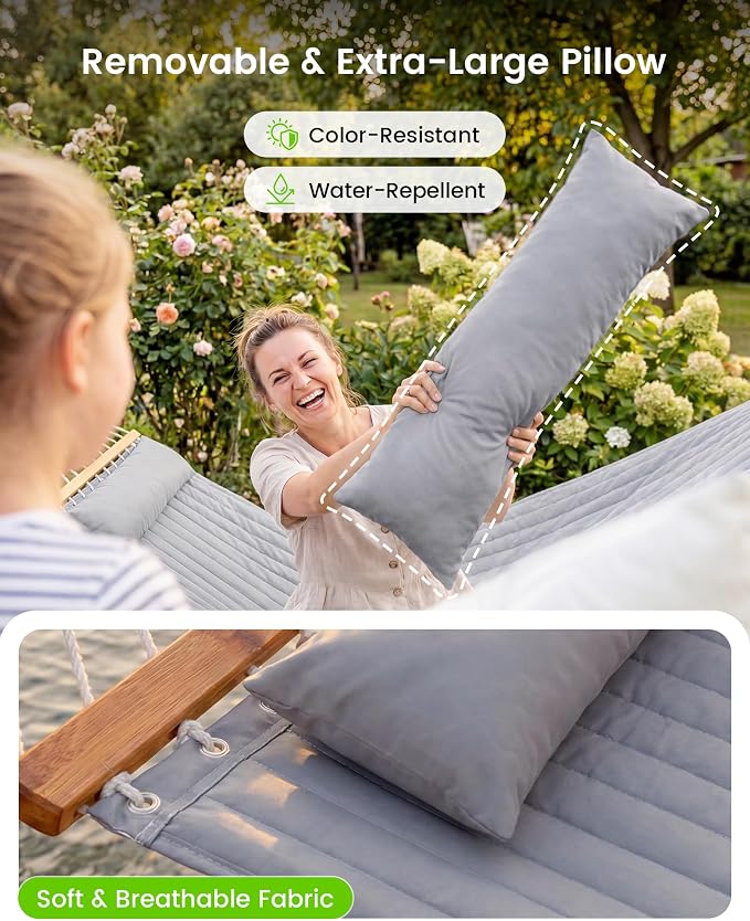 ANAGOO Double Quilted Outdoor Hammock for 2 Adults, 500lb Capacity Backyard & Camping Hammock with Pillow and Bamboo Spreader Bar, Fits 11–15ft Hammock Stands (Stand Not Included),Dark Gray - Image 4
