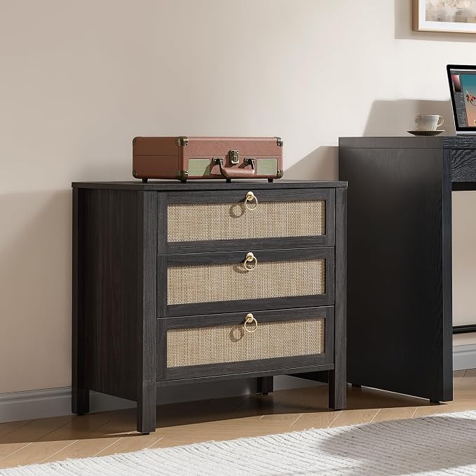 SICOTAS Night Stand with Drawers, Large Rattan Bedside Table with Golden Handle, 3 Drawers Nightstand Tall End Table Side Table Boho Nightstand for Bedroom - Image 6
