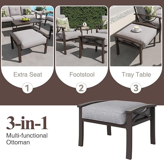 RoyalCraft Outdoor Patio Furniture Set, 8 Piece Patio Conversation Set with Coffee Table Side Table and Ottomans, Metal Furniture Set for Porch Backyard Garden, Grey