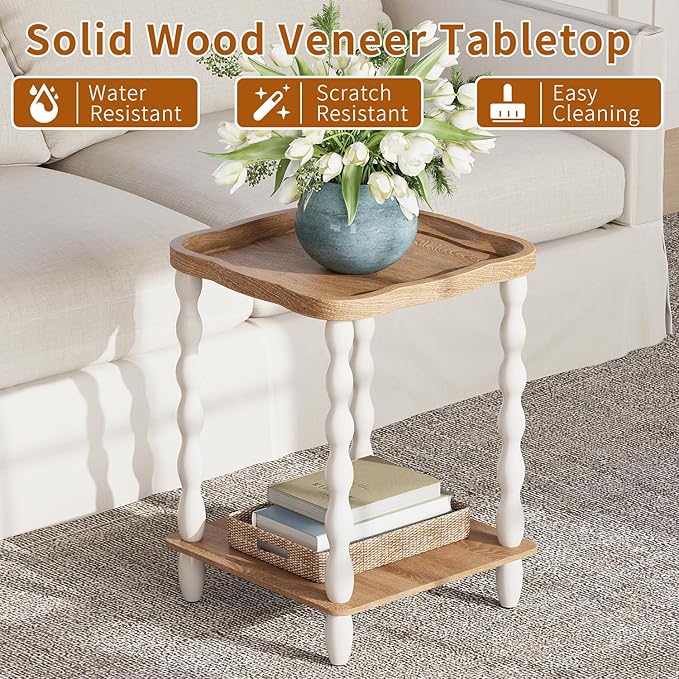 karlott End Table, 2-Tier Farmhouse Side Table, 18.9'' Handcrafted Weathered Wooden Nightstand Table, Pine Leg, Square Arc Small End Tables for Living Room, Small Space, Bedroom, Boho, Easy Assembly