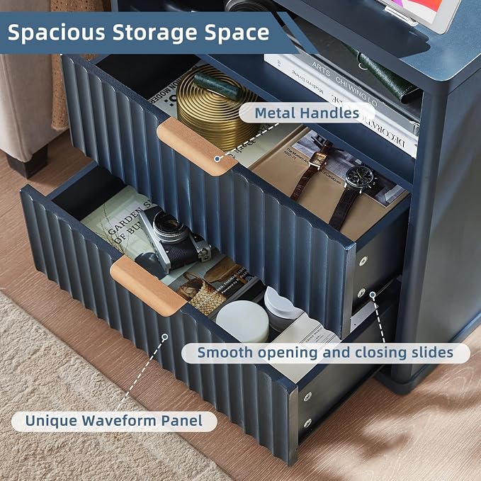 LEYAOYAO Fluted Nightstand with Charging Station, 23" Wide 2 Drawers End Table,Night Stand with Open Storage Cabinet, Farmhouse Bed Side Tables, Wood Dresser for Bedroom, Living Room, Closet, Blue - Image 6
