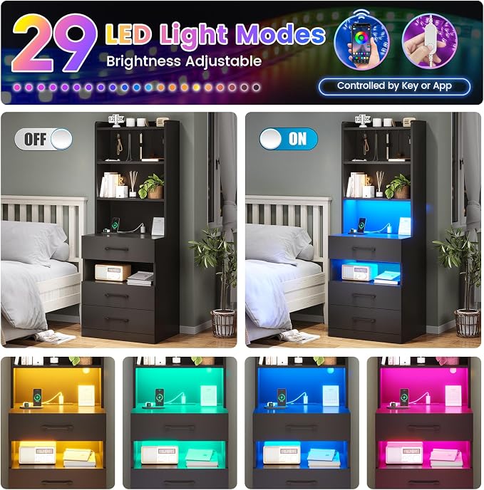 AOGLLATI Tall Night Stand Set of 2 with Charging Station and LED Lights, Black Nightstand with 3 Drawers and Adjustable Shelves, Modern Bedside Table with Bookshelf for Bedroom - Image 4