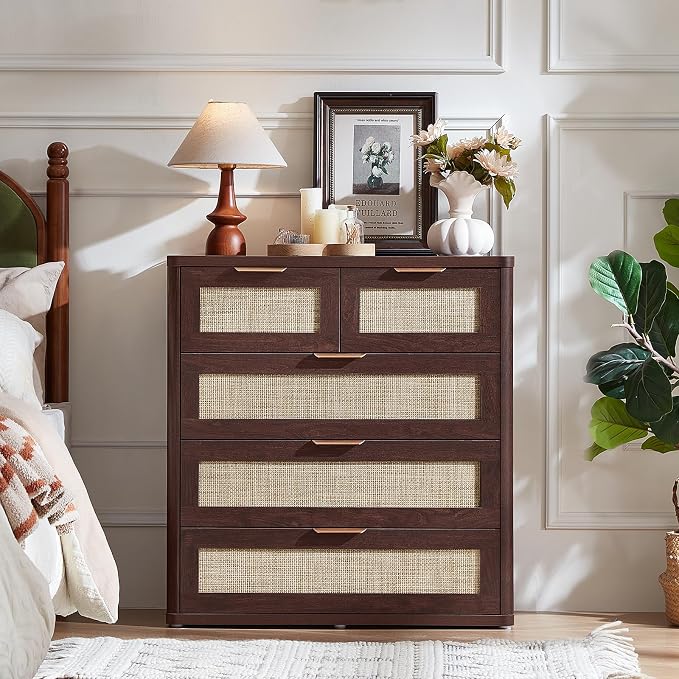 LEYAOYAO Rattan Dresser for Bedroom, 33.5" Tall Chest of Drawers, Modern 5 Drawers Boho Dressers with Storage, Vintage Brown Dresser Wooden Closet Organizer for Living Room, Hallway - Image 4