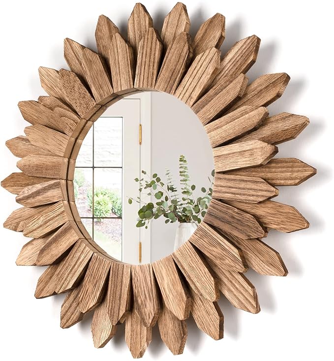 Honiway Wall Mirror Decorative 12 inch Rustic Wood Mirror Sunburst Boho Mirror for Entryway Bedroom Living Room Bathroom House Warming Gifts New Home Essential Carbonized Black by Honiway