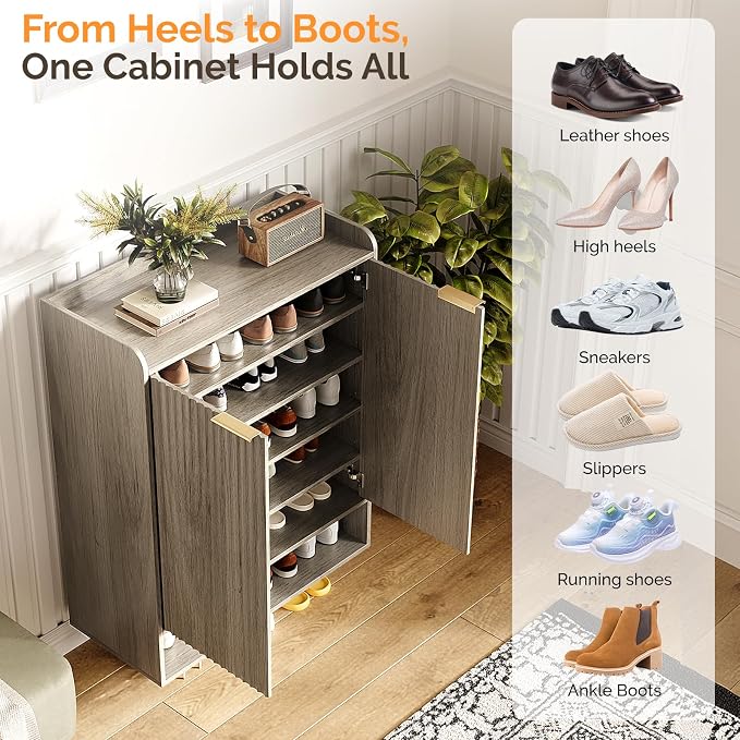 VINGLI Shoe Cabinet with Fluted Doors, 6 Tier Large Wooden Entryway Shoe Storage Cabinet with Adjustable Shelves,44.5" Tall Modern Freestanding Shoe Rack Organizer for Entryway, Hallway,Gray Oak - Image 6