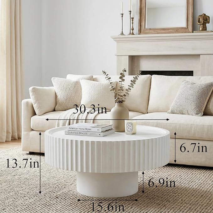 Round Coffee Table, Modern Living Room Table, Wood Center Table with Fluted Drum, Circle Coffee Tables with Fine Grain Textured Tabletop, Farmhouse Tea Tables for Living Room,30.3×13.7in