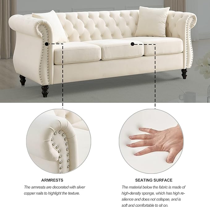 KEIKI Chesterfield Sofa, Retro Style Upholstered 3 Seater Velvet Couch with Rolled Arm for Living Room Bedroom Office Apartment, Beige