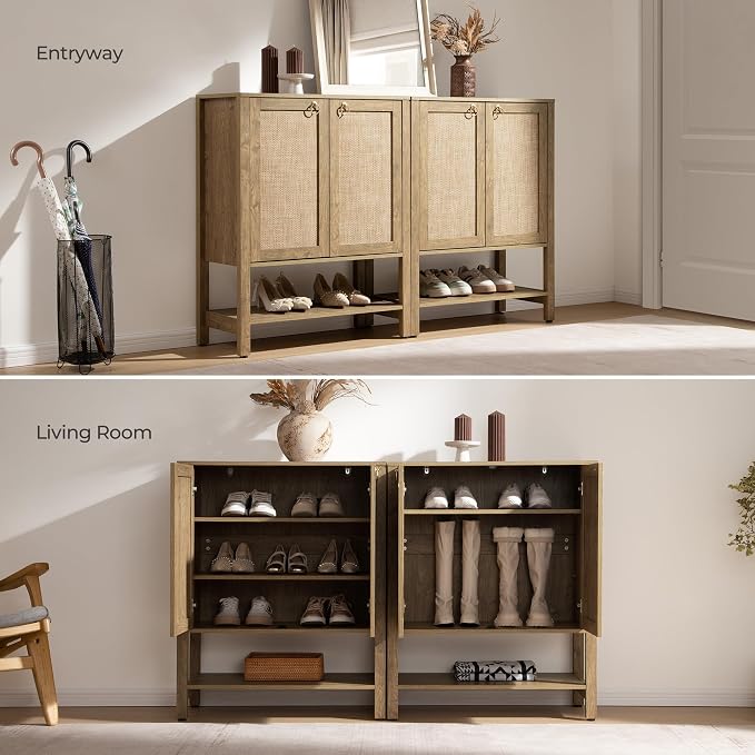 SICOTAS Rattan Shoe Cabinet with Storage - 5 Tier Farmhouse Boho Shoe Organizer Storage Cabinet with Shelves & Doors, Tall Shoe Rack Cabinet for Entryway, Living Room, Closet (Carbon Cherry) - Image 5