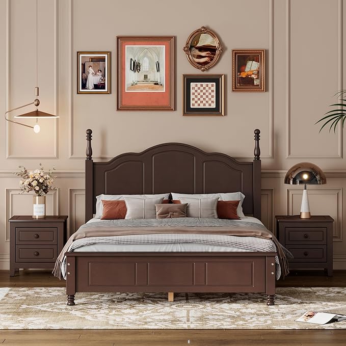 Harper & Bright Designs 3-Piece Full Bedroom Set, Retro Style Wooden Bedroom Furniture Set with Full Size Bed Frame and Two Nightstands for Kids Teens Adults Bedroom, Dark Walnut