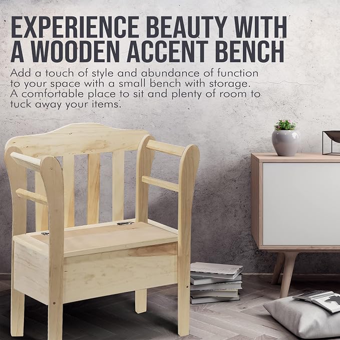 Peaceful Classics Bench with Storage - Small Wooden Storage Bench for Entryway, Hallway, Mudroom, Farmhouse, Bedroom, & Living Room, Amish Handmade Furniture Storage Organizer, Unfinished - Image 6